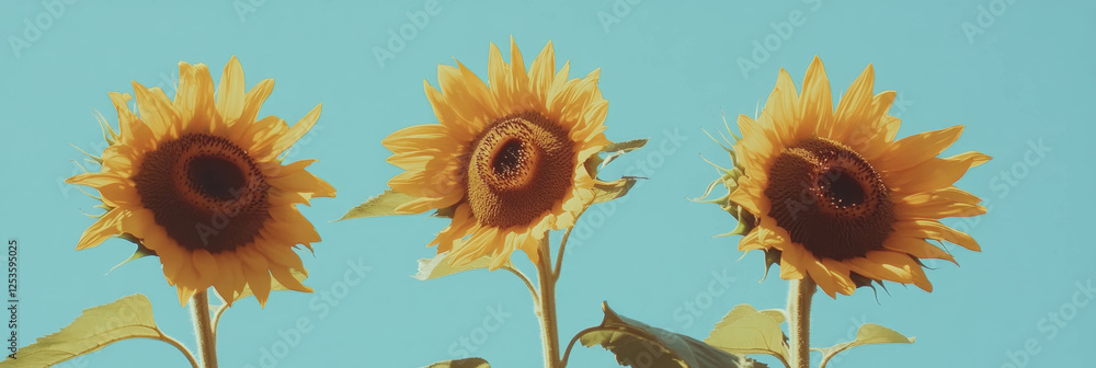 Poster sunflower heads sway gently on a bright silver background creating a vibrant display