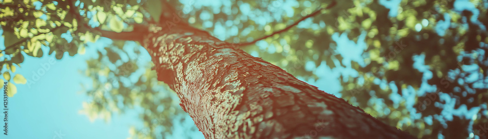 Poster deeply grooved tree bark showcasing rough texture and vibrant backdrop