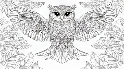 Obraz premium A detailed line art illustration of an owl with outstretched wings, surrounded by intricate leaf patterns.
