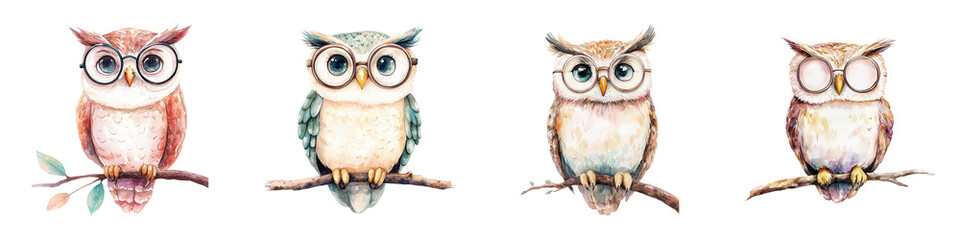 Fototapeta premium Wise Owl with Round Glasses Perched on a Branch Illustration