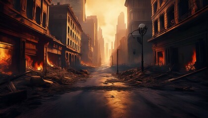 Fototapeta premium empty street of burnt up city apocalyptic view of city downtown as disaster film poster concept city destroyed by war
