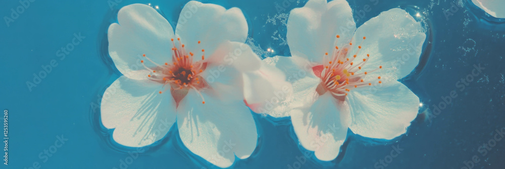 Poster Overlapping sakura petals on a bright indigo background create a stunning visual contrast