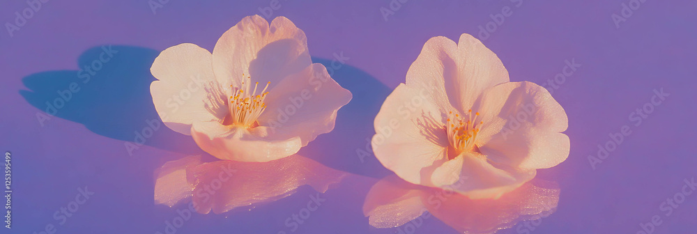 Poster beautiful sakura petals resting on vibrant violet background with soft shadows