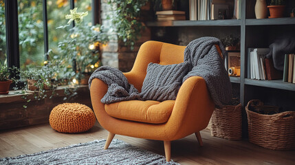 Wellness corner with a cozy armchair, books on mindfulness, and a soft blanket