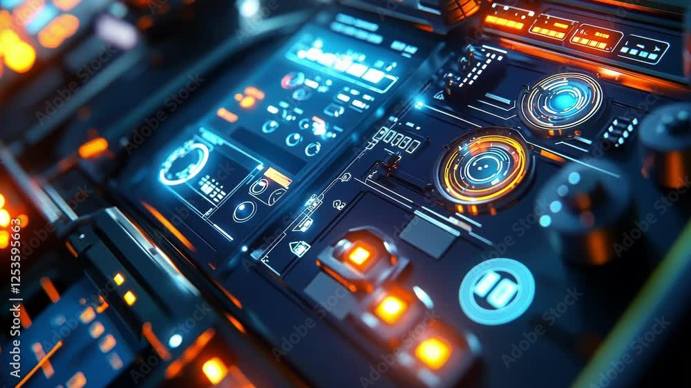 Poster complex technological control panel displaying various interactive elements, glowing lights, buttons