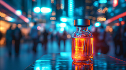 A breakthrough vaccine vial glowing under soft light, symbolizing protection, scientific achievement, and the promise of a peaceful, healthier future for all.