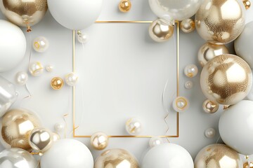 Abstract white and gold balloon arrangement with pearl elements, centered golden square for text on an elegant white background.