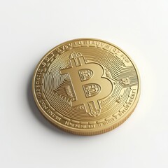 Close-Up of a Detailed Bitcoin Coin in Shimmering Gold Finish on a White Background, Ideal for Representing Cryptocurrency Themes, Digital Investment, and Modern Finance Concepts 