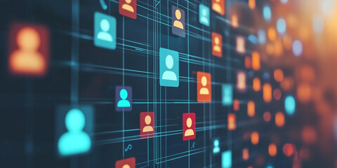 Abstract representation of digital social connections and networks with icons of users interconnected by lines in a vibrant color scheme