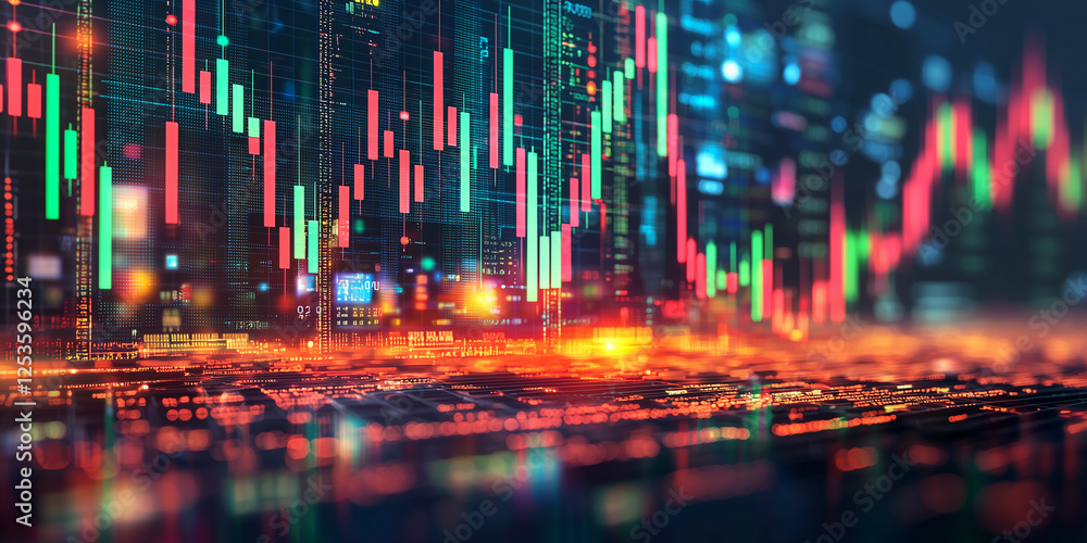 Poster abstract digital financial chart with glowing candlestick patterns, network connections, and bright 