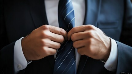 Man adjusting his necktie in a suit.
