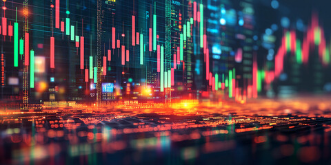 Abstract digital financial chart with glowing candlestick patterns, network connections, and bright data visualizations in a contemporary color scheme