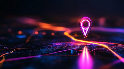 Neon map pointer with vivid glowing lines.