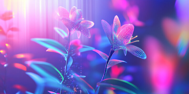 Vibrant spring flowers with glowing neon colors - Powered by Adobe