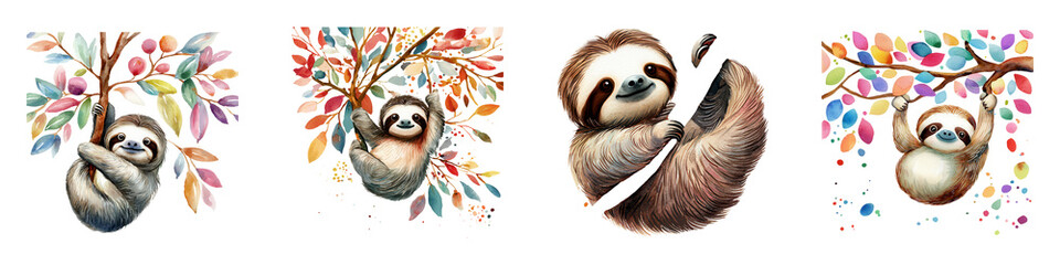 Naklejka premium Colorful Baby Sloths Hanging Playfully from a Vibrant Tree