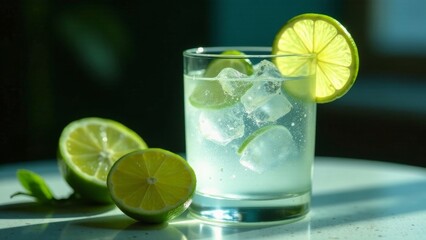 Fototapeta premium Refreshing lime beverage with ice cubes in a glass