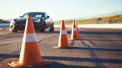 Dynamic driving course setup with traffic cones for safe driver training on track, perfect for learning and practicing maneuvering skills