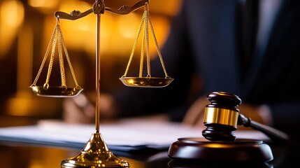 Symbol of justice with scales and gavel.