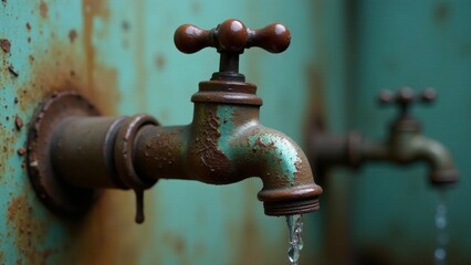 Rusty faucet dripping water, showing signs of age and wear, against a weathered teal background.