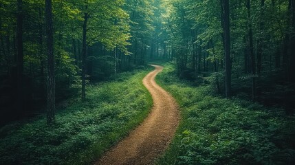Obraz premium Winding forest path, sunlight dappling leaves, tranquil scene, nature backdrop