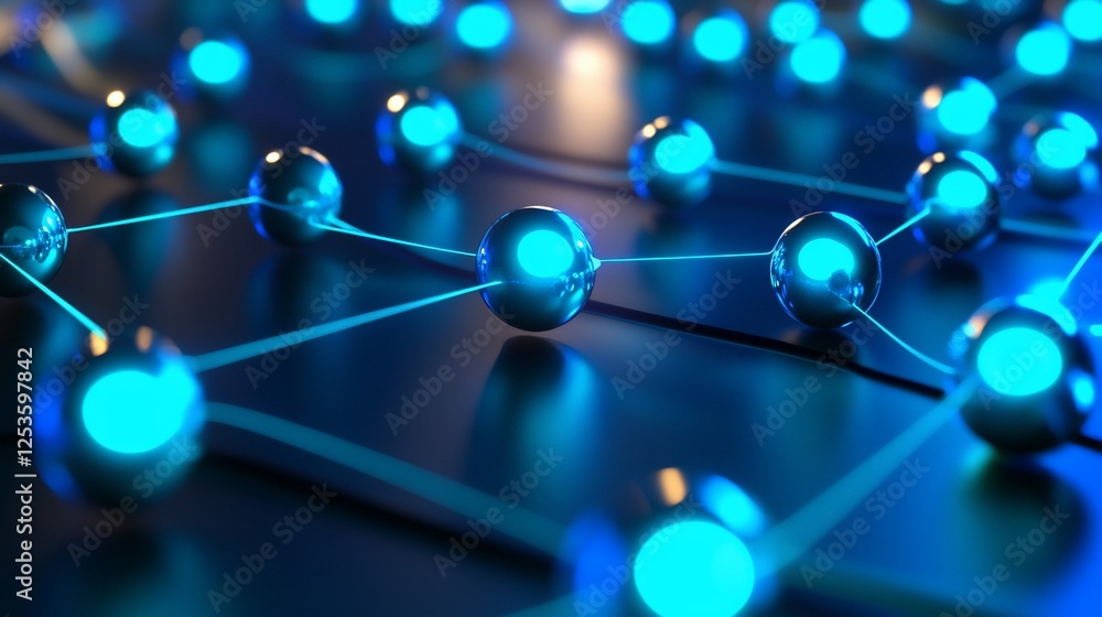 Poster a futuristic network of glowing blue spheres interconnected with thin bright lines forming an abstra