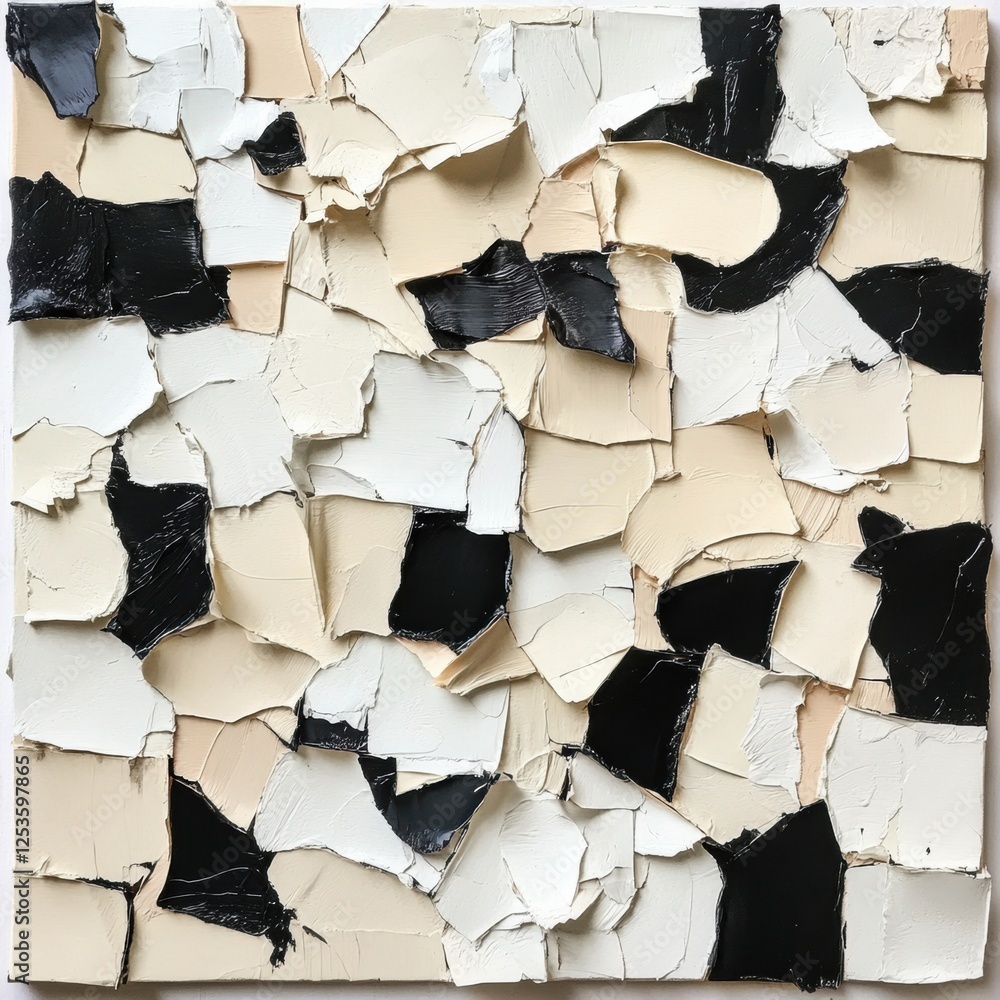 Poster abstract texture artwork created with layered paint in monochromatic tones of black, white, and crea