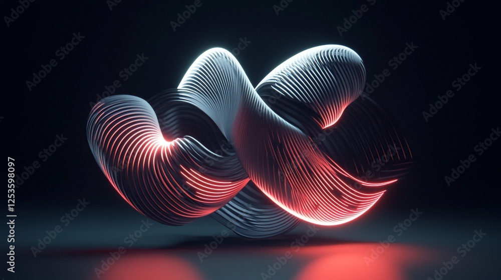 Poster abstract 3d render of curved lines with red and white glow against a dark background