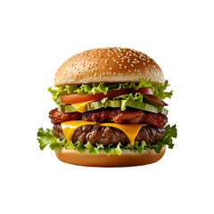 A savory double decker burger with cheese burger on transparent background, Junk Food and Fast Food Restaurants