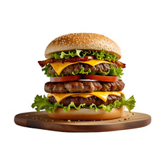 A savory double decker burger with cheese burger on transparent background, Junk Food and Fast Food Restaurants
