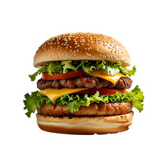 A savory double decker burger with cheese burger on transparent background, Junk Food and Fast Food Restaurants
