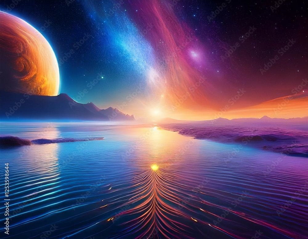 Wall mural abstract graphic design wallpaper background a glorious galaxy rise from the surface of an ocean pla