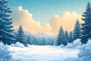 Fototapeta premium Serene Winter Sunrise over Snowcapped Pines