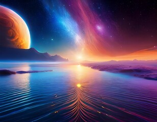 abstract graphic design wallpaper background a glorious galaxy rise from the surface of an ocean planet
