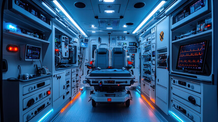 Ambulance interior with advanced medical equipment and monitors