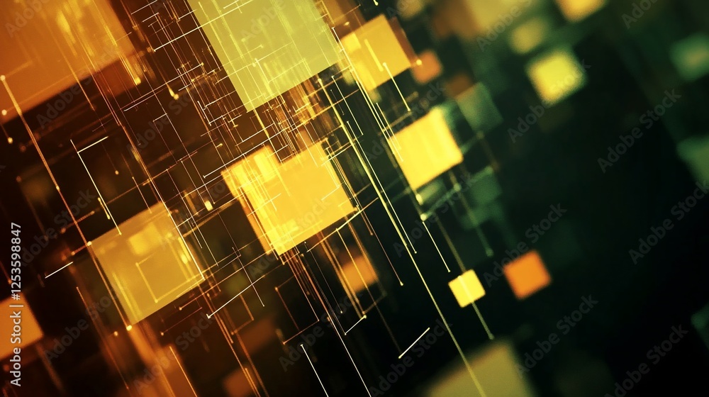 Poster abstract geometric background with intersecting lines and squares in gold hues on dark