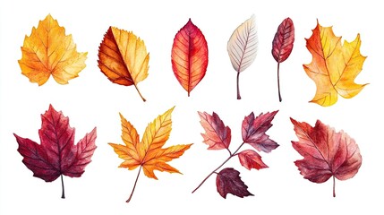 Obraz premium Serene watercolor scene of fall leaves in various shades of red, orange, and yellow