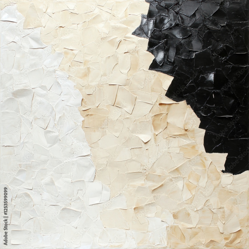 Poster abstract art piece showcasing contrasting black and white textures with layered materials creating d