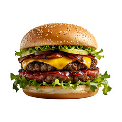 A savory double decker burger with cheese burger on transparent background, Junk Food and Fast Food Restaurants