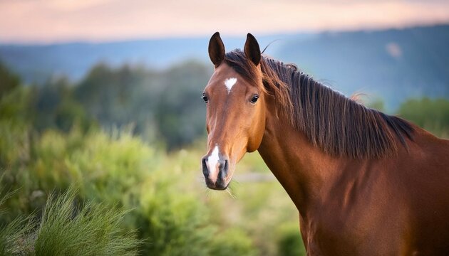 bay horse on pasture portrait of thoroughbred horse looking at camera in animal farm
