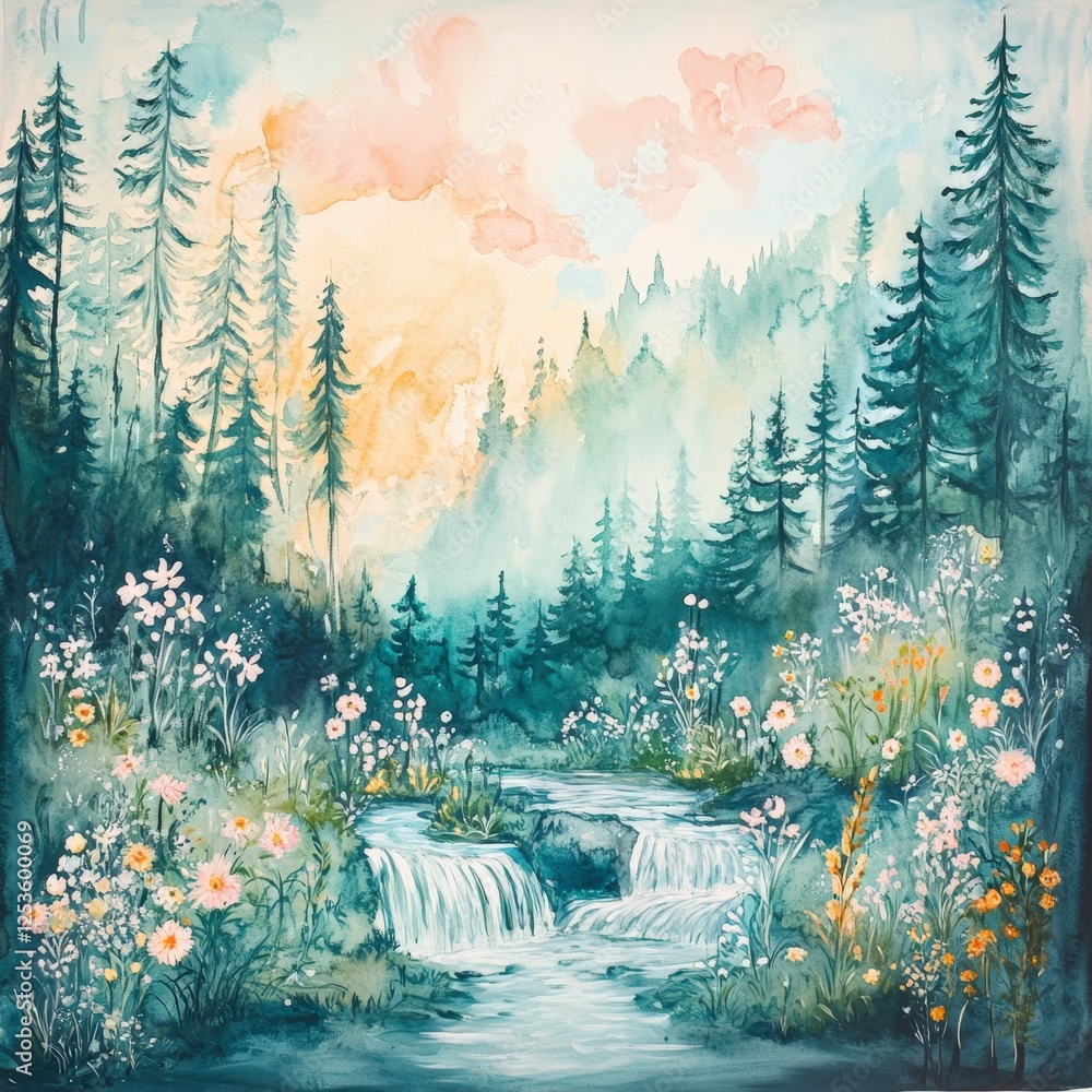 Canvas Prints Flowing water amidst vibrant wildflowers in a forested landscape