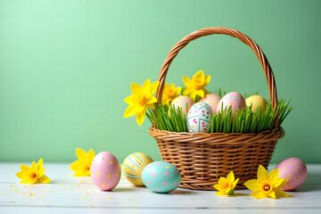 A woven wicker basket filled with pastel-colored Easter eggs, nestled among fresh green grass and yellow daffodils, against a green background enhancing the festive atmosphere especially for easter.