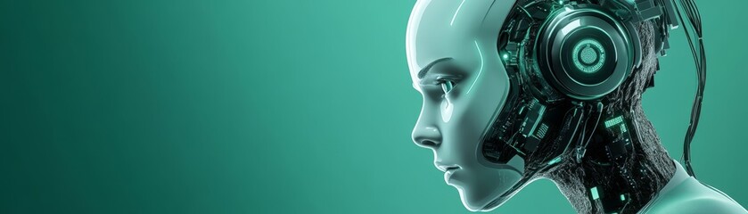 Robot head with headphones, immersed in music and technology 