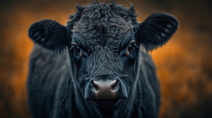 Close-Up Portrait of an Adorable Black Calf with Water Droplets on Its Face in a Rustic Field