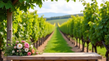 Fototapeta premium Table Setting Mockup for Weddings, Vineyard wedding table with rustic wood and wildflowers clear background.