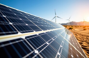 A stunning landscape featuring a large solar farm with rows of reflective blue solar panels harnessing sunlight, complemented by towering white wind turbines generating clean energy