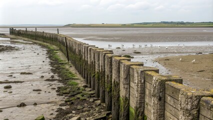 Naklejka premium Weathered stone walls of a groyne stretch out into the mudflats at low tide, creating a unique habitat for wading birds and other wildlife, groynes, mudflats, erosion patterns, tidal zone, north sea