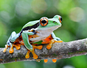 Javan tree frog on aitting on branch, flying frog on branch, tree frog on branch

