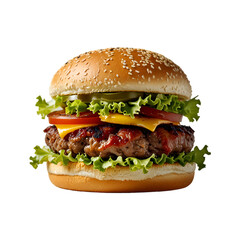 A savory double decker burger with cheese burger on transparent background, Junk Food and Fast Food Restaurants