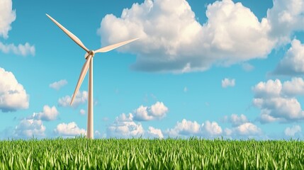 Wind Turbine in Green Field Under Bright Sky with Fluffy Clouds and Vibrant Grass