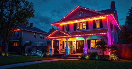 Warmly glowing colorful lights along the exterior walls of a suburban home at night, exterior walls, warm glow